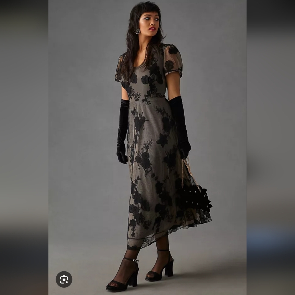 Anthropologie Geisha Designs Paras And Shalin Elegant Black Floral Dress_Small